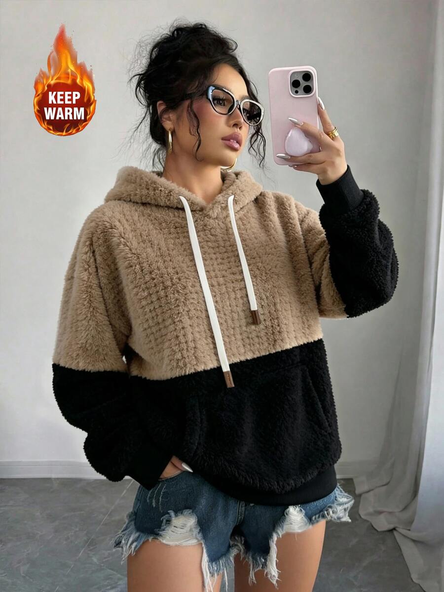 Elenzga Plus Size Women Daily Home Casual Colorblock Khaki Black Soft Fluffy Fleece Hooded Pullover, Drawstring Kangaroo Pocket Warm Winter Sweatshirt - Multicolor - View 1