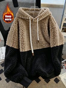 Elenzga Plus Size Women Daily Home Casual Colorblock Khaki Black Soft Fluffy Fleece Hooded Pullover, Drawstring Kangaroo Pocket Warm Winter Sweatshirt - Multicolor - View 5