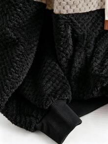 Elenzga Plus Size Women Daily Home Casual Colorblock Khaki Black Soft Fluffy Fleece Hooded Pullover, Drawstring Kangaroo Pocket Warm Winter Sweatshirt - Multicolor - View 4