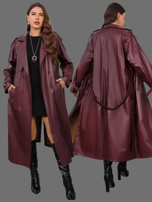 Miaspire Plus Size Women's Elegant Casual Autumn/Winter Party PU Solid Red Burgundy Long Trench Coat,Winter Coats,Christmas,Fall Going Out,Formal,Business - Burgundy - View 3
