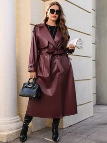 Miaspire Plus Size Women's Elegant Casual Autumn/Winter Party PU Solid Red Burgundy Long Trench Coat,Winter Coats,Christmas,Fall Going Out,Formal,Business - Burgundy - View 4