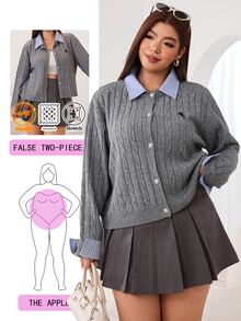 Solflare New Fall/Winter Plus Contrast-Collar Drop-Shoulder 2-In-1 Cable Knit Cardigan, Loose Gray Preppy Horse-Embroidered For Home, Work, Outings, Dates & School - Multicolor - View 2