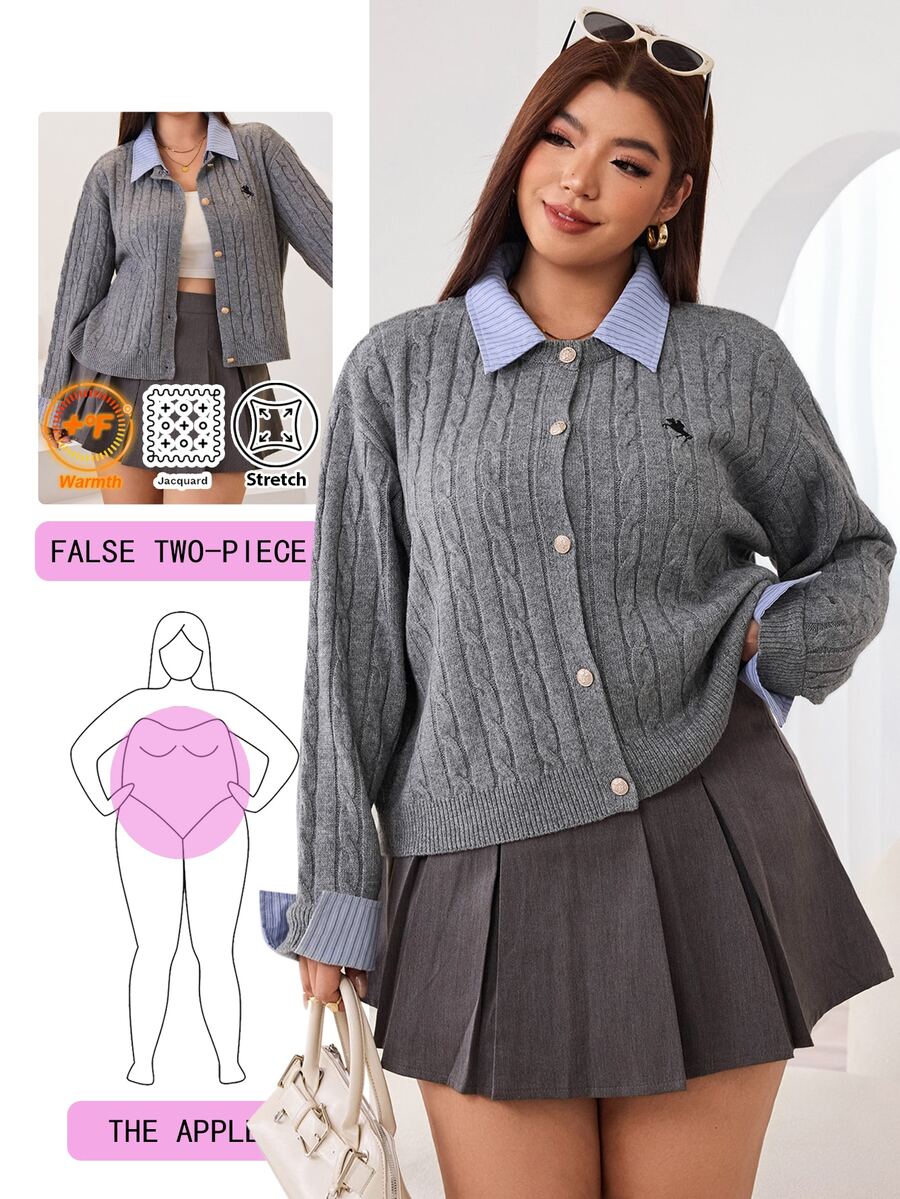 Solflare New Fall/Winter Plus Contrast-Collar Drop-Shoulder 2-In-1 Cable Knit Cardigan, Loose Gray Preppy Horse-Embroidered For Home, Work, Outings, Dates & School