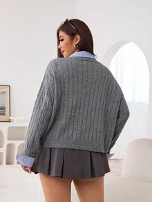 Solflare New Fall/Winter Plus Contrast-Collar Drop-Shoulder 2-In-1 Cable Knit Cardigan, Loose Gray Preppy Horse-Embroidered For Home, Work, Outings, Dates & School - Multicolor - View 3