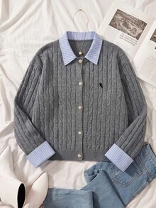 Solflare New Fall/Winter Plus Contrast-Collar Drop-Shoulder 2-In-1 Cable Knit Cardigan, Loose Gray Preppy Horse-Embroidered For Home, Work, Outings, Dates & School - Multicolor - View 9