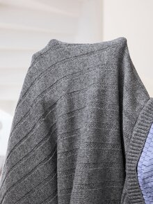 Solflare New Fall/Winter Plus Contrast-Collar Drop-Shoulder 2-In-1 Cable Knit Cardigan, Loose Gray Preppy Horse-Embroidered For Home, Work, Outings, Dates & School - Multicolor - View 8