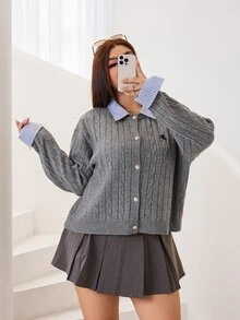 Solflare New Fall/Winter Plus Contrast-Collar Drop-Shoulder 2-In-1 Cable Knit Cardigan, Loose Gray Preppy Horse-Embroidered For Home, Work, Outings, Dates & School - Multicolor - View 6