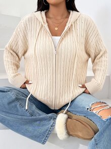 Solflare New Fall/Winter Plus Size Women's Loose Apricot Drawstring Hooded Cardigan For Daily Wear, Home, Outings, Dates & Back To School - Apricot - View 8