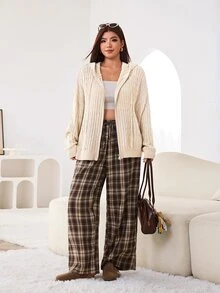 Solflare New Fall/Winter Plus Size Women's Loose Apricot Drawstring Hooded Cardigan For Daily Wear, Home, Outings, Dates & Back To School - Apricot - View 6