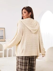 Solflare New Fall/Winter Plus Size Women's Loose Apricot Drawstring Hooded Cardigan For Daily Wear, Home, Outings, Dates & Back To School - Apricot - View 3