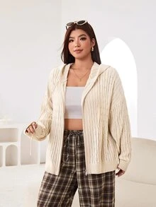 Solflare New Fall/Winter Plus Size Women's Loose Apricot Drawstring Hooded Cardigan For Daily Wear, Home, Outings, Dates & Back To School - Apricot - View 4