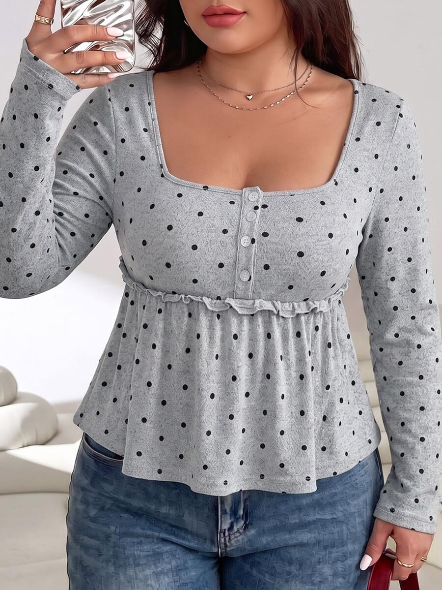 Solflare New Plus Size Women's Polka Dot Square Neck Long Sleeve Button Ruffle Hem Casual Top For Fall/Winter, Home, Outings, Dates, Commute & School