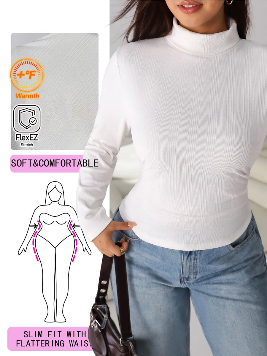 Solflare Plus Size Casual Solid Color Turtleneck T-Shirt, Autumn/Wintert, New Warm Rib Knit Layering Top For Home, Outings, Dates & School Fall