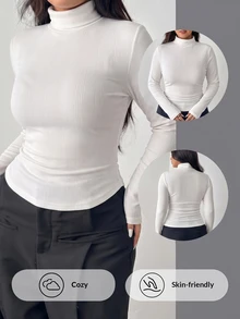 Solflare Plus Size Casual Solid Color Turtleneck T-Shirt, Autumn/Wintert, New Warm Rib Knit Layering Top For Home, Outings, Dates & School Fall - White - View 11