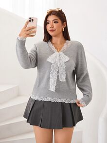 Solflare New Fall/Winter Plus Size Women's Gray V-Neck 2 In 1 Warm Knit Pullover Sweater With Contrast Lace Front Knot For Home, Work, Dates & School - Grey - View 7