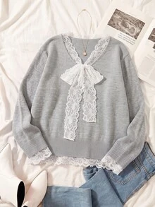 Solflare New Fall/Winter Plus Size Women's Gray V-Neck 2 In 1 Warm Knit Pullover Sweater With Contrast Lace Front Knot For Home, Work, Dates & School - Grey - View 8