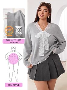 Solflare New Fall/Winter Plus Size Women's Gray V-Neck 2 In 1 Warm Knit Pullover Sweater With Contrast Lace Front Knot For Home, Work, Dates & School - Grey - View 2
