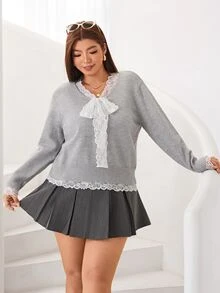 Solflare New Fall/Winter Plus Size Women's Gray V-Neck 2 In 1 Warm Knit Pullover Sweater With Contrast Lace Front Knot For Home, Work, Dates & School - Grey - View 6