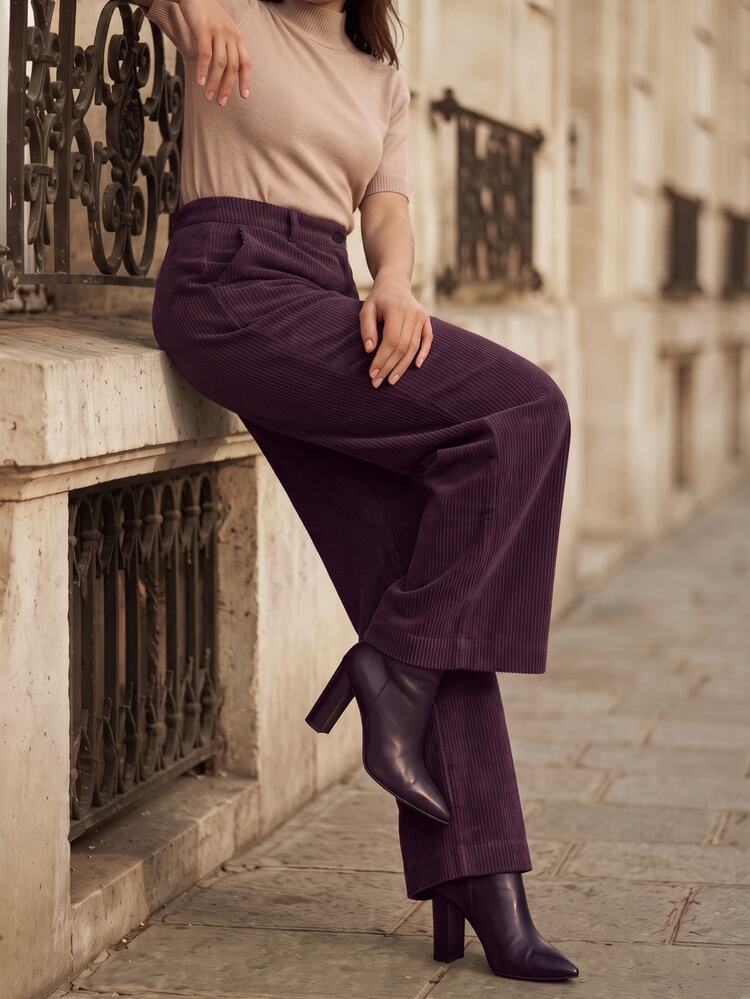 Juhart Fashionable Elegant Minimalist Corduroy Wide Leg Pants With Pockets, OL Style, Plus Size Winter - Purple - View 4