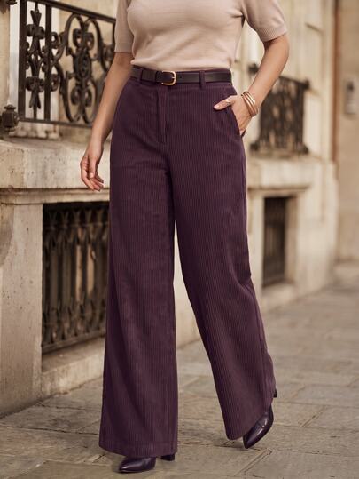Juhart Fashionable Elegant Minimalist Corduroy Wide Leg Pants With Pockets, OL Style, Plus Size Winter