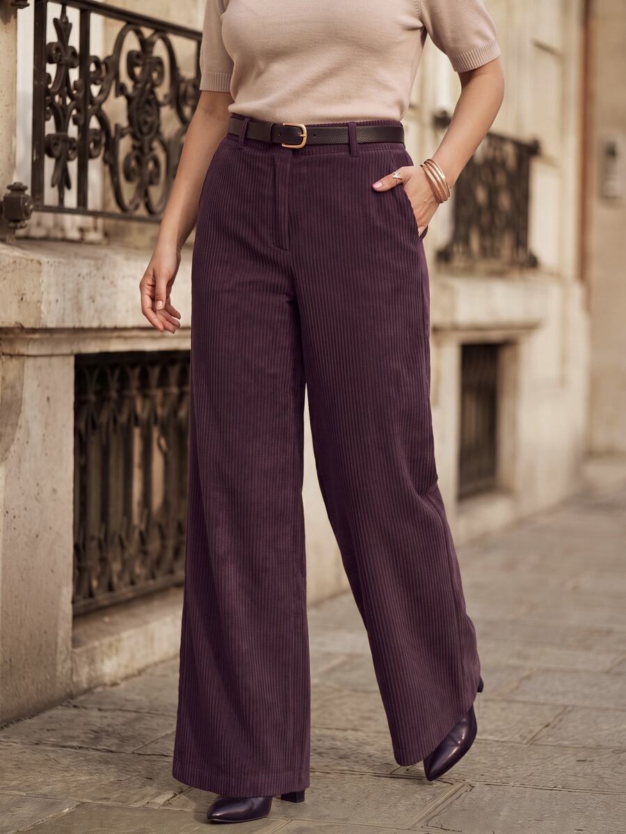 Juhart Celana Panjang Corduroy Minimalis Elegan Modis dengan Kantong, Gaya OL, Ukuran Besar untuk Musim Dingin - Purple - View 1