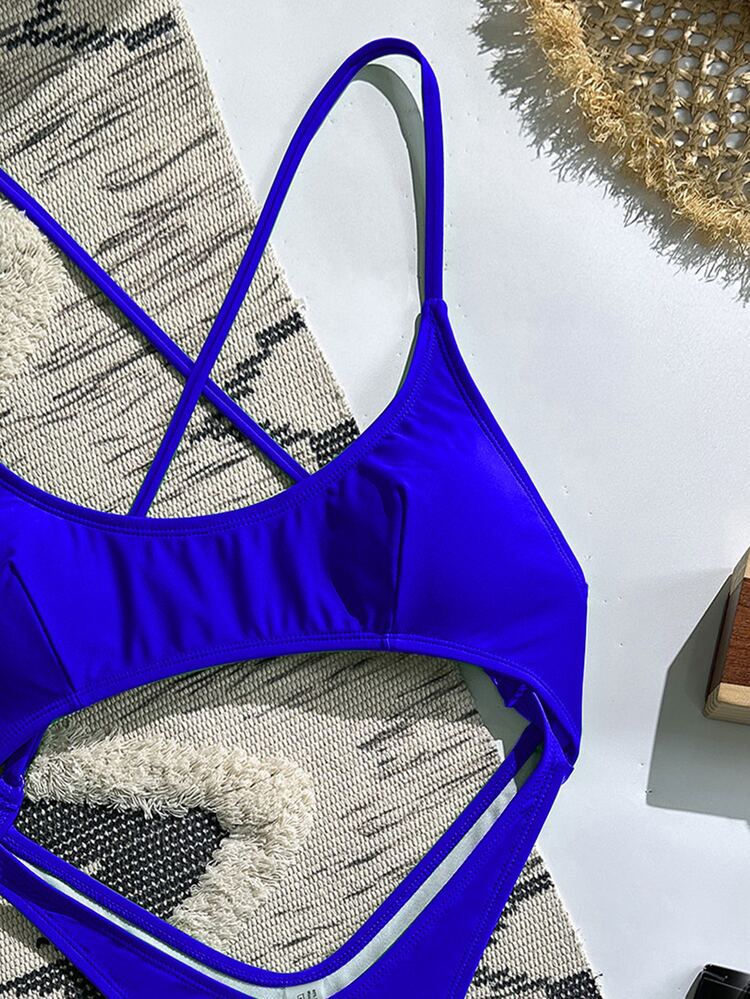 SHEIN Swim Baju Renang Wanita Seksi Warna Merah Mawar, Tanpa Punggung, Berongga, dengan Tali Bahu Tipis, Model Thong Brazil, untuk Liburan Pantai Musim Panas - Biru - View 5