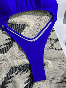 SHEIN Swim 女款性感玫瑰紅鏤空露背細肩帶巴西式丁字褲連身泳衣，夏季海灘度假 - 藍色 - 查看 6