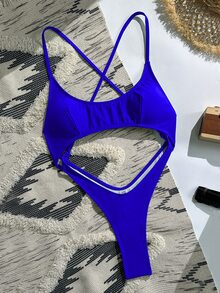 SHEIN Swim 女款性感玫瑰紅鏤空露背細肩帶巴西式丁字褲連身泳衣，夏季海灘度假 - 藍色 - 查看 4