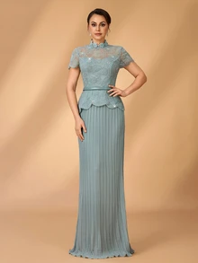 Serin Classy Light Blue Lace Applique Sequin Chiffon Sheer High Neck Ruffle Peplum Pleated Fall Ball Evening Dinner Prom Guest Mother Of The Bride Dress - Baby Blue - View 7