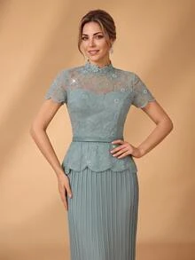 Serin Classy Light Blue Lace Applique Sequin Chiffon Sheer High Neck Ruffle Peplum Pleated Fall Ball Evening Dinner Prom Guest Mother Of The Bride Dress - Baby Blue - View 4