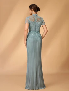 Serin Classy Light Blue Lace Applique Sequin Chiffon Sheer High Neck Ruffle Peplum Pleated Fall Ball Evening Dinner Prom Guest Mother Of The Bride Dress - Baby Blue - View 9