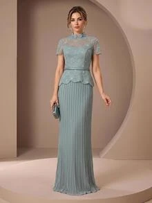Serin Classy Light Blue Lace Applique Sequin Chiffon Sheer High Neck Ruffle Peplum Pleated Fall Ball Evening Dinner Prom Guest Mother Of The Bride Dress - Baby Blue - View 8