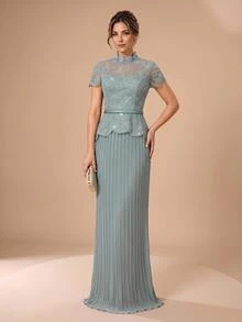 Serin Classy Light Blue Lace Applique Sequin Chiffon Sheer High Neck Ruffle Peplum Pleated Fall Ball Evening Dinner Prom Guest Mother Of The Bride Dress - Baby Blue - View 5