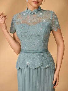 Serin Classy Light Blue Lace Applique Sequin Chiffon Sheer High Neck Ruffle Peplum Pleated Fall Ball Evening Dinner Prom Guest Mother Of The Bride Dress - Baby Blue - View 6