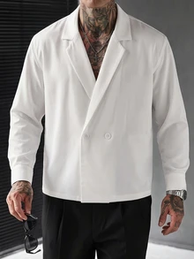 Manfinity Homme 男士秋季休閒套裝純色雙排扣襯衫 約會之夜度假 全白 - 白色 - 查看 3