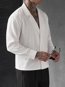Manfinity Homme 男士秋季休閒套裝純色雙排扣襯衫 約會之夜度假 全白 - 白色 - 查看 4
