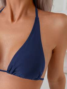 SHEIN Swim 女式简约纯色露背吊带比基尼套装，适合夏季海滩 - 藍色 - 查看 4