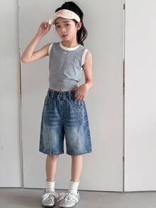 Dazy Kids 女童牛仔褲 春夏新款 後口袋水鑽裝飾喇叭褲 (大號) - 藍色 - 查看 5