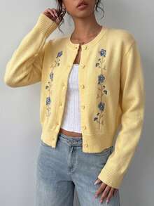 SHEIN 圓領短版刺繡秋冬針織開襟衫 日常約會穿搭 藍色花卉田園風可愛風 - 黃色 - 查看 4