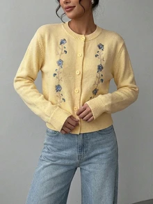 SHEIN 圓領短版刺繡秋冬針織開襟衫 日常約會穿搭 藍色花卉田園風可愛風 - 黃色 - 查看 6