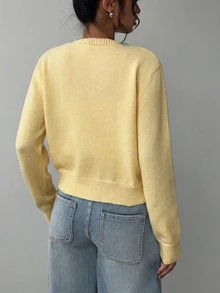 SHEIN 圓領短版刺繡秋冬針織開襟衫 日常約會穿搭 藍色花卉田園風可愛風 - 黃色 - 查看 2