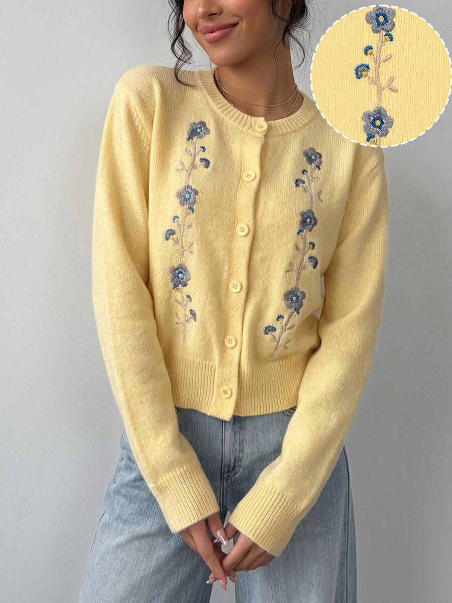 SHEIN Round Neck Short Embroidered Autumn/Winter Knit Cardigan Everyday Date Blue Floral Floral Cottagecore Cute Cute - Yellow - View 1