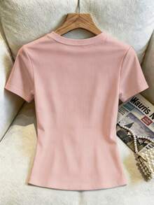 SHEIN Plus Size Women's Round Neck Solid Color Ruched Casual Everyday T-Shirt - Pink - View 2