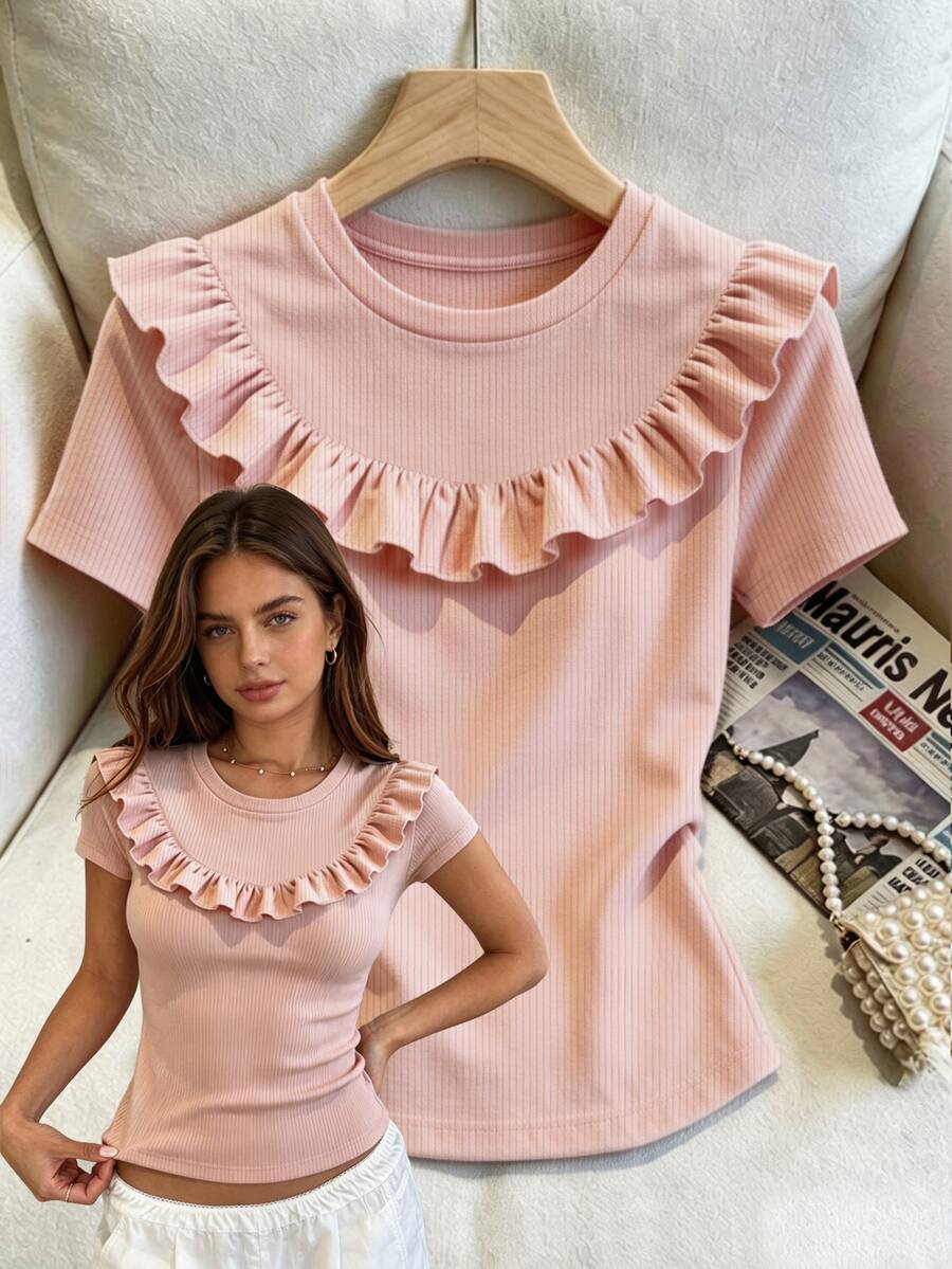 SHEIN Plus Size Women's Round Neck Solid Color Ruched Casual Everyday T-Shirt - Pink - View 1