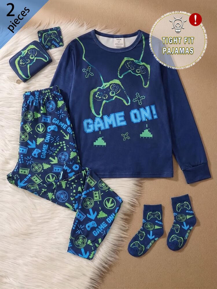 Boys' Square Game Console Print Long Sleeve Top And Pants 2 Pieces Set, Soft And Comfortable Pajamas, Cool Gaming Style, Autumn/Winter Snug Fit - Navy Blue - View 7