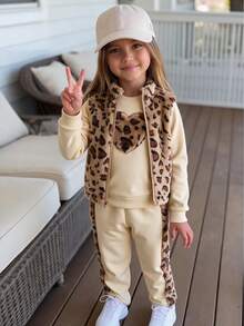 SHEIN 3pcs/Set Girls' Sweatshirt Jacket Set, Heart Embroidery Fleece Sweatshirt With Brown Purple Print Vest Patchwork Pants, Autumn/Winter 7th Birthday - Multicolor - View 9