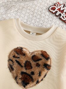 SHEIN 3pcs/Set Girls' Sweatshirt Jacket Set, Heart Embroidery Fleece Sweatshirt With Brown Purple Print Vest Patchwork Pants, Autumn/Winter 7th Birthday - Multicolor - View 4