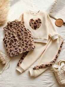 SHEIN 3pcs/Set Girls' Sweatshirt Jacket Set, Heart Embroidery Fleece Sweatshirt With Brown Purple Print Vest Patchwork Pants, Autumn/Winter 7th Birthday - Multicolor - View 8