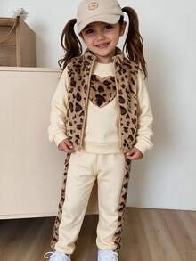 SHEIN 3pcs/Set Girls' Sweatshirt Jacket Set, Heart Embroidery Fleece Sweatshirt With Brown Purple Print Vest Patchwork Pants, Autumn/Winter 7th Birthday - Multicolor - View 10
