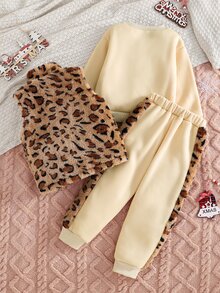 SHEIN 3pcs/Set Girls' Sweatshirt Jacket Set, Heart Embroidery Fleece Sweatshirt With Brown Purple Print Vest Patchwork Pants, Autumn/Winter 7th Birthday - Multicolor - View 2